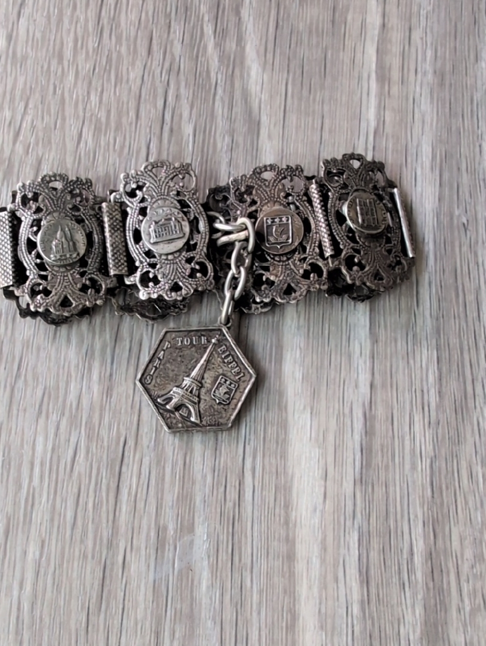 Antique-French Filigree Panel Charm Bracelet - Aged Silver - Picture 7 of 8